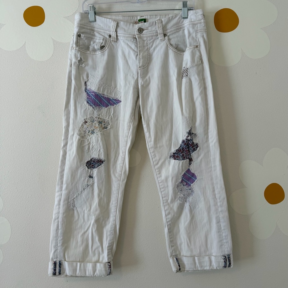 Ett Twa Anthropologie White Patchwork Art Deco Capri Cropped Pants *flawed